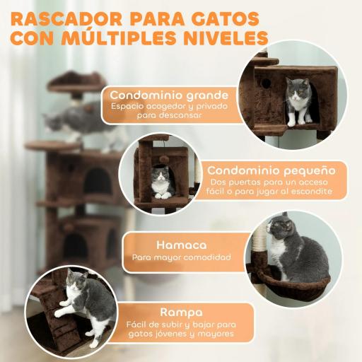 Árbol Rascador para Gatos 140 cm con Plataformas Cama 2 Cuevas Hamaca Escalera Postes de Sisal Marrón [4]