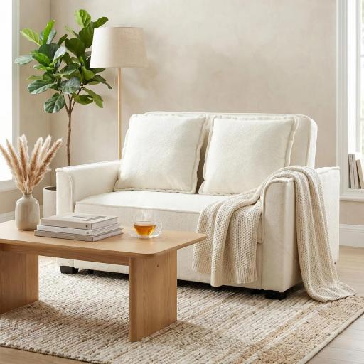 Sofá Cama 2 Plazas 3 en 1 con Respaldo Ajustable Bolsillos Laterales 2 Almohadas para Sala de Estar Blanco Crema [8]