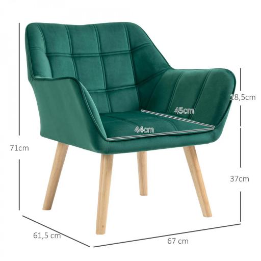 Butaca de Salón Moderna Tapizado en Terciopelo con Asiento Ancho Patas de Madera Sillón Relax para Sala de Estar Verde [1]