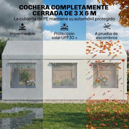 Garaje Exterior para Coche 3x6 m Impermeable de PE Resistente Marco de Acero Galvanizado Altura Ajustable Blanco [3]