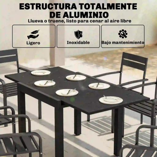 Mesa de Comedor Exterior Extensible 80/160 cm para 4-6 Personas de Aluminio con Tapa de Listones Efecto Madera Negro [2]