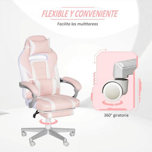 Silla Gamer Reclinable con Altura Ajustable Reposapiés Retráctil Soporte Lumbar y Reposacabezas Desmontable Rosa [4]