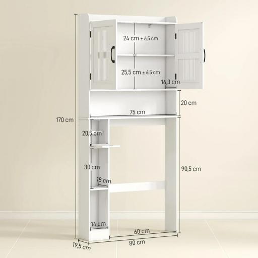 Estantería sobre Inodoro con Estante Ajustable 2 Puertas Soporte para Papel Higiénico y Estantes Abiertos para Baño Blanco [1]