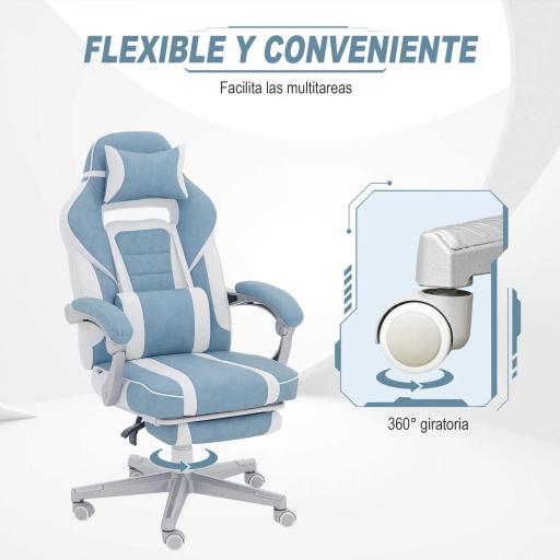 Silla Gamer Reclinable con Altura Ajustable Reposapiés Retráctil Soporte Lumbar y Reposacabezas Desmontable Azul [3]
