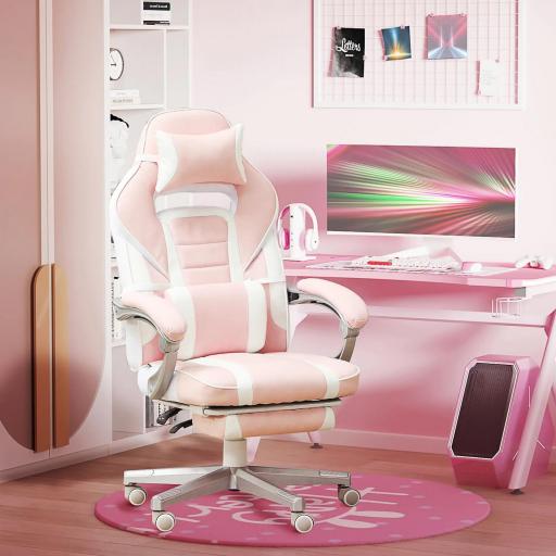Silla Gamer Reclinable con Altura Ajustable Reposapiés Retráctil Soporte Lumbar y Reposacabezas Desmontable Rosa