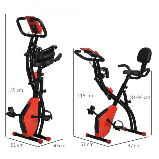 Bicicleta Estática Plegable 3 en 1 con Respaldo y 8 Niveles Resistencia Magnética, Bicicleta Estática para Casa Ajustable con Monitor LCD Volante Banda Sensor de Pulso Soporte de Teléfono Rojo [1]