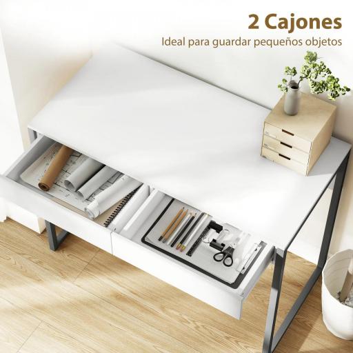 Escritorio con 2 Cajones 100x50x75 cm Mesa de Ordenador Patas de Acero para Casa Espacios Pequeños Blanco Brillante [6]