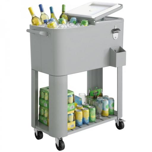 Carrito Nevera de 76L con Ruedas Estante Abrebotellas Recogetapas Drenaje y 2 Asas para Patio Fiesta 92x39x81 cm Plata [8]