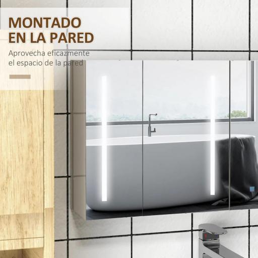 Armario con Espejo de Baño con 3 Puertas Estantes Ajustables Interruptor Táctil y USB 90x15x70 cm Blanco Brillante [4]