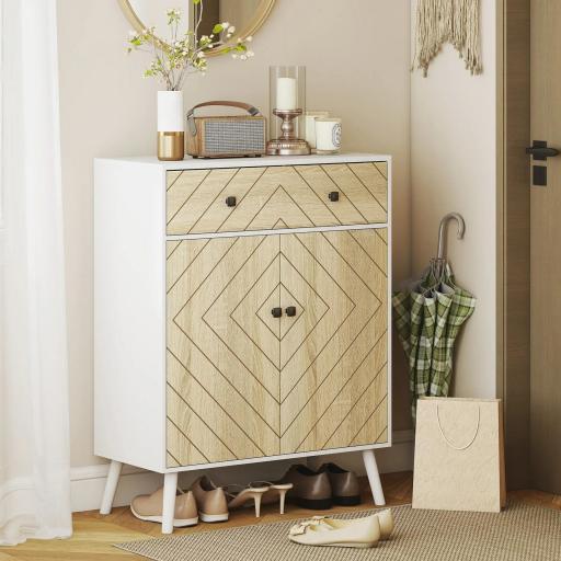 Zapatero Entrada Recibidor con 2 Puertas Estantes Ajustables Cajón para 12 Pares de Zapatos 75x35x97 cm Blanco y Natural