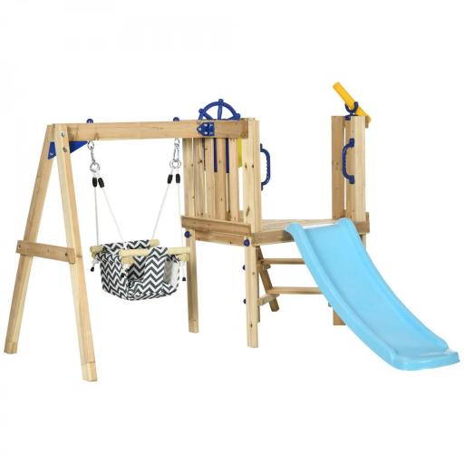 Columpio y Tobogán Infantil Exterior de Madera con Volante Telescopio para Niños de 18-48 Meses Madera Natural [9]