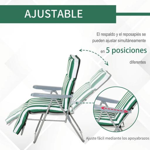  2 Tumbonas de Jardín de Acero con Cojín Acolchado Respaldo Ajustable y Reposapiés 60x75x66-102 cm Rayas Verde [2]