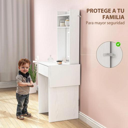 Tocador de Maquillaje con Luces LED de Color Ajustable y Espejo Lateral Abatible Cajón Compartimentos Abiertos Blanco [5]