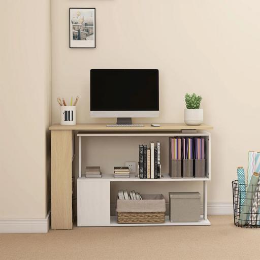 Escritorio en L con Estantería Mesa de Escritorio con Estantes para Oficina Estudio 120x110x74,5 cm Natural y Blanco [7]