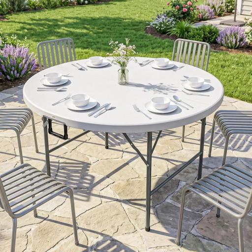 Mesa Auxiliar Redonda Mesa de Jardín Plegable con Marco de Acero y Encimera de HDPE Carga 80 kg Ø122x73 cm Blanco [4]