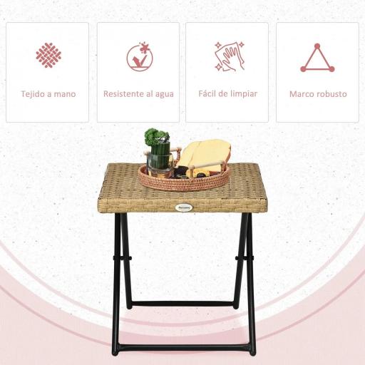 Mesa de Terraza Exterior de Ratán PE Plegable con Patas Cruzadas y Marco de Acero para Patio Balcón 40x40x40 cm Natural [2]