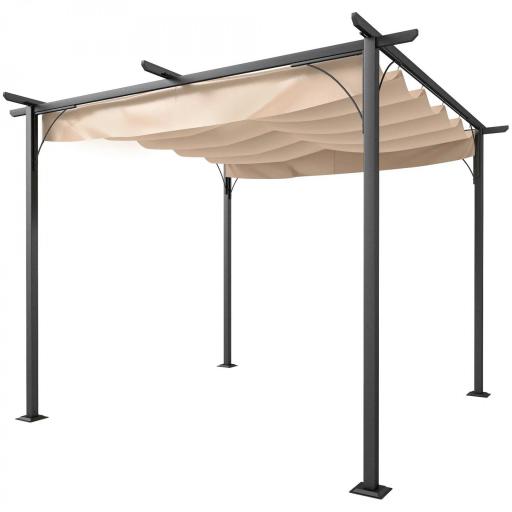 Pérgola de Jardín 3x3m Gazebo Cenador para Exterior con Techo Retráctil Tela Poliéster Impermeable y Anti-UV para Patio Terraza Beige [8]