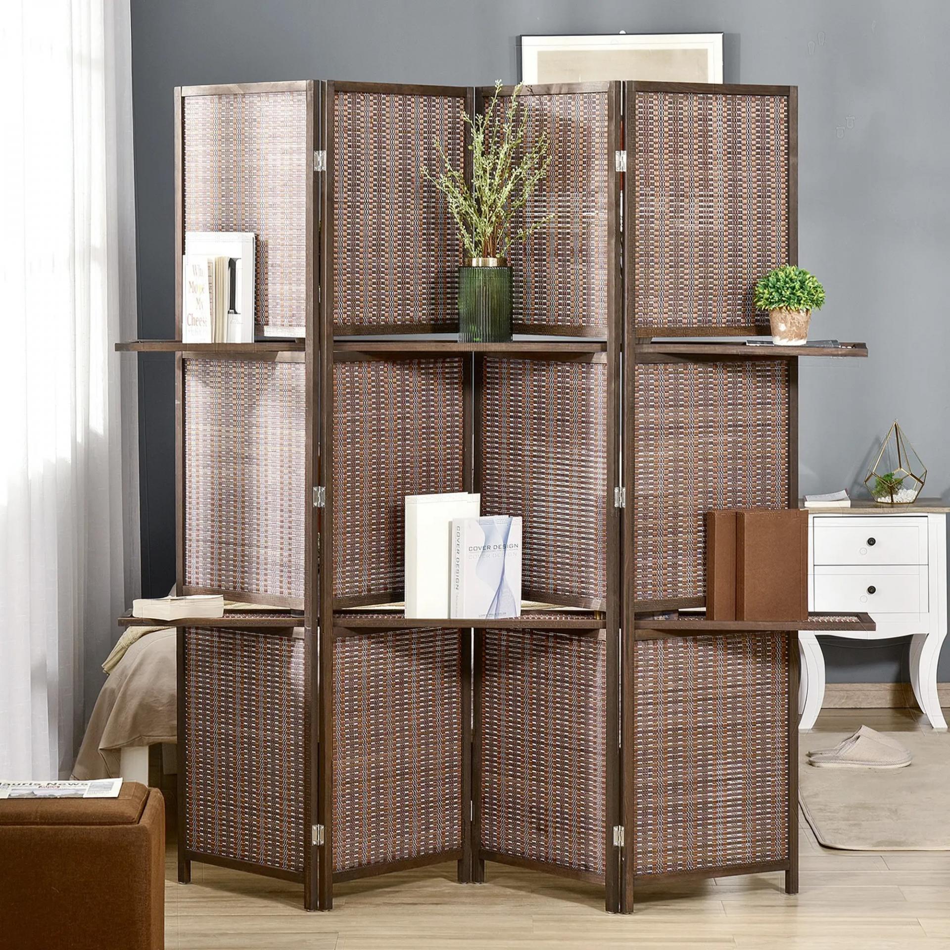 Biombo de 4 Piezas de Bambú Biombo Separador de Ambientes Plegable con 2 Estantes Extraíbles Divisor de Habitaciones Dormitorio 180x180 cm Marrón