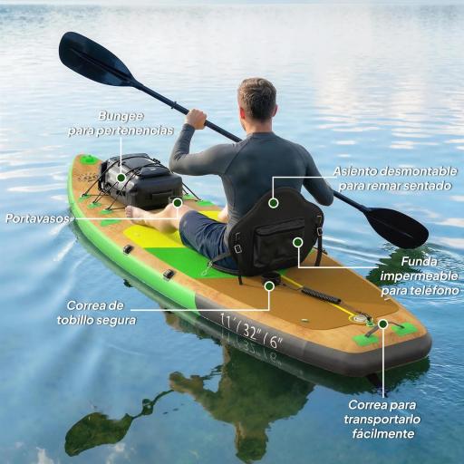 Tabla Paddle Surf Hinchable SUP Extra Largo de 335 cm con Asiento Remo Convertible Aletas Bomba y Mochila Carga 180 kg [3]