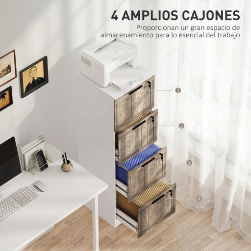 Cajonera de Escritorio con 4 Cajones Cerradura 2 Llaves Barras Colgantes para A4 Carta 39,4x40x129 cm Blanco y Madera [5]