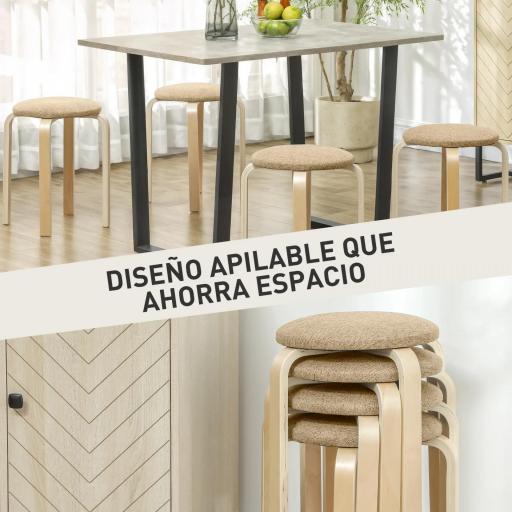 Juego de 4 Taburetes Redondos de Madera Apilables con Asiento Acolchado para Cocina Comedor Dormitorio Caqui [2]