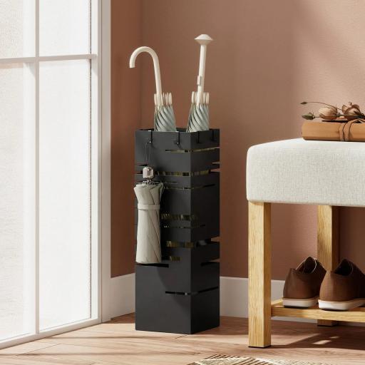 Paragüero Metálico con Bandeja de Goteo y 4 Ganchos, 15,5x15,5x49 cm, Negro