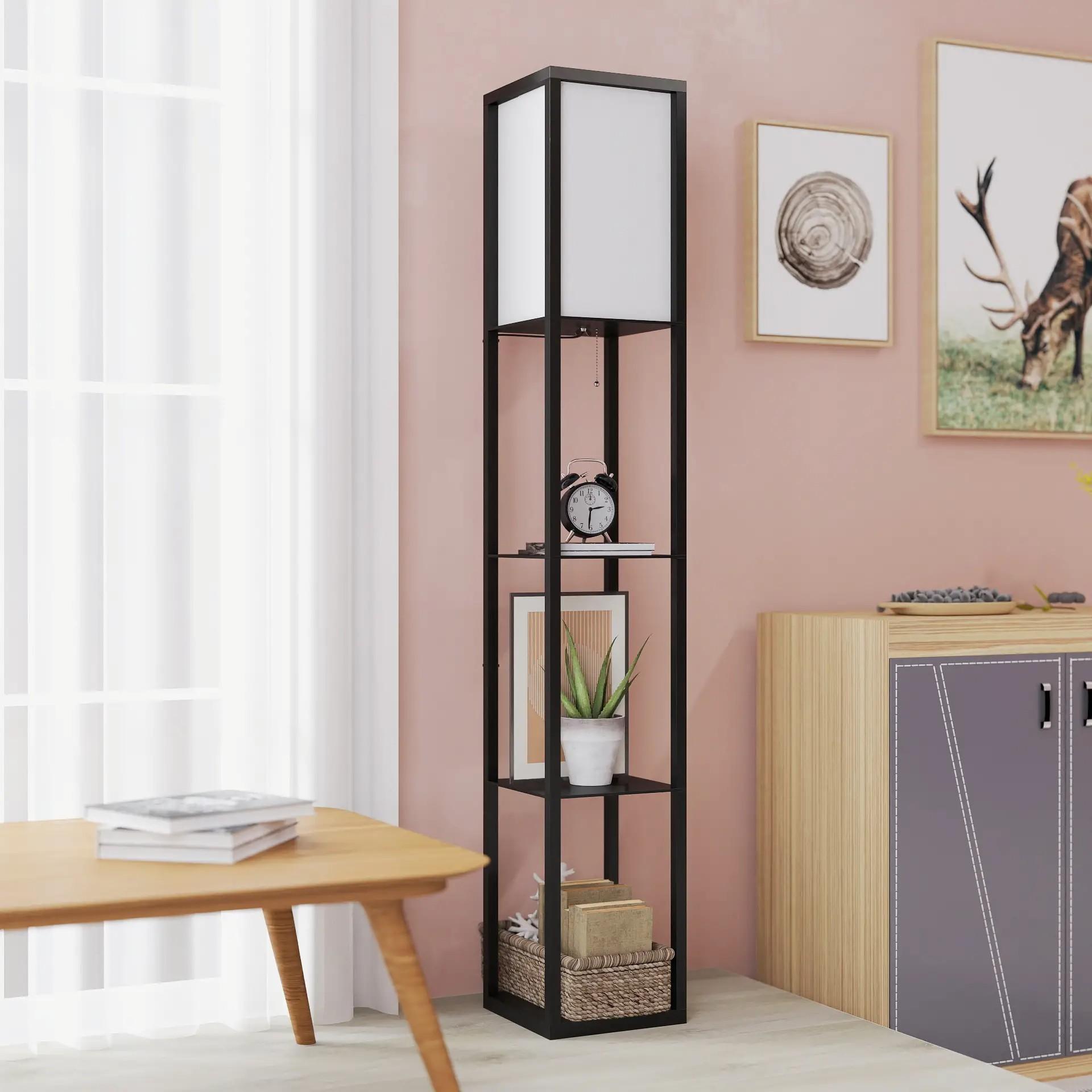 Lámpara de Pie de Madera con 3 Estantes de Almacenaje para Bombilla E27 Potencia Máx. 40W Lámpara Moderna para Salón Dormitorio 26x26x160 cm Negro y Blanco
