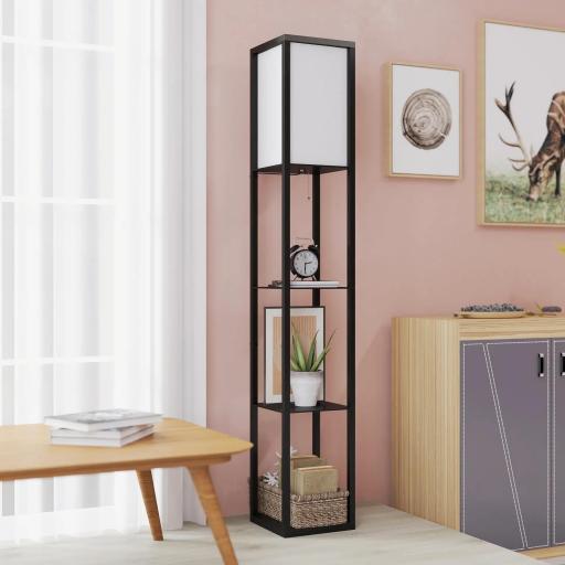 Lámpara de Pie de Madera con 3 Estantes de Almacenaje para Bombilla E27 Potencia Máx. 40W Lámpara Moderna para Salón Dormitorio 26x26x160 cm Negro y Blanco