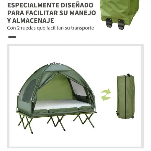 Cama Doble de Camping Plegable con Tienda de Campaña 4 en 1 Cama de Campamento Elevada con Colchón Hinchable y Bolsa de Transporte Tela Oxford Acero 193x145x180 cm Verde [4]
