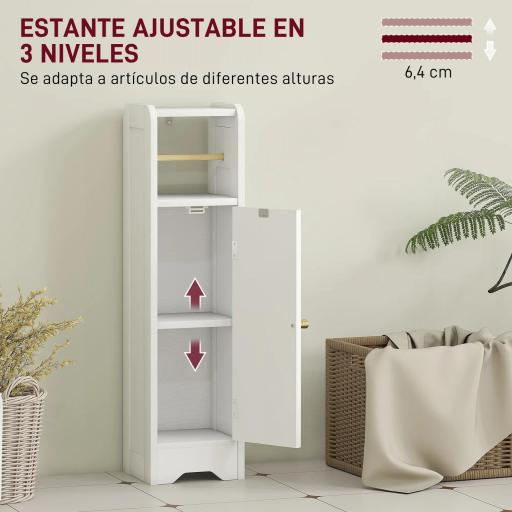Armario de Baño Estrecho Mueble Auxiliar de Baño con Estante Ajustable y Portarrollos de Papel 21x20x79 cm Blanco [4]