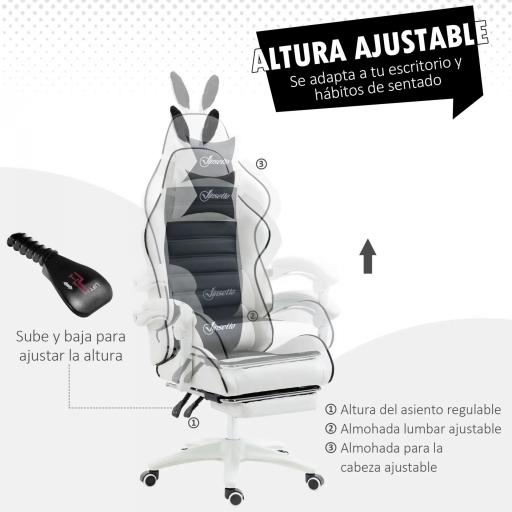 Silla Gaming Profesional de Cuero PU con Altura Ajustable Inclinable 135° Reposacabezas 65x63x136-142 cm Negro y Blanco [3]