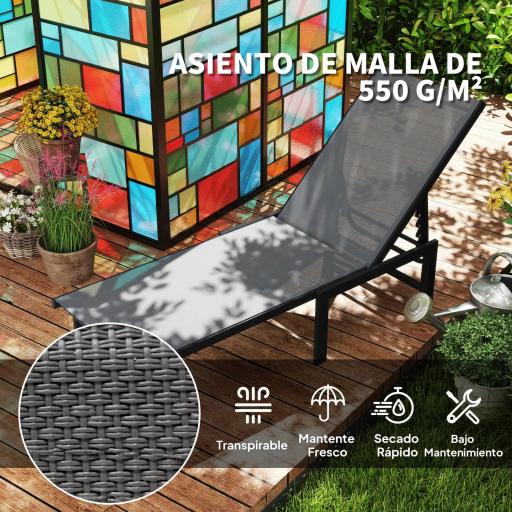 Tumbona Reclinable de Jardín Exterior con Respaldo Ajustable en 5 Posiciones y Marco de Acero 166x60x84 cm Gris [4]