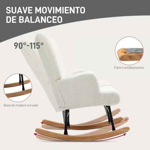 Silla Mecedora de Borreguito con Respaldo Capitoné y Base de Madera de Caucho para Salón o Dormitorio 65x88x87 cm Crema [3]