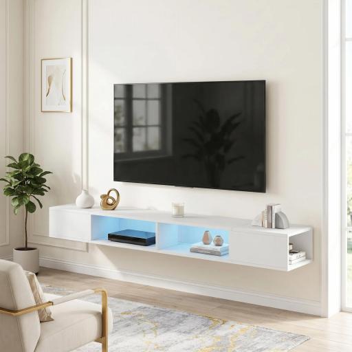 Mueble de TV Suspendido con Luces LED con Estantes Abiertos para Televisión 75 Pulgadas 177,8x30x18 cm Blanco [0]