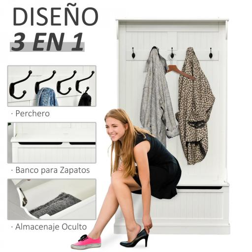 Perchero con Zapatero Perchero con Banco Perchero Recibidor con 5 Ganchos y Espacio de Almacenaje 96x34x179,7 cm Marfil [2]