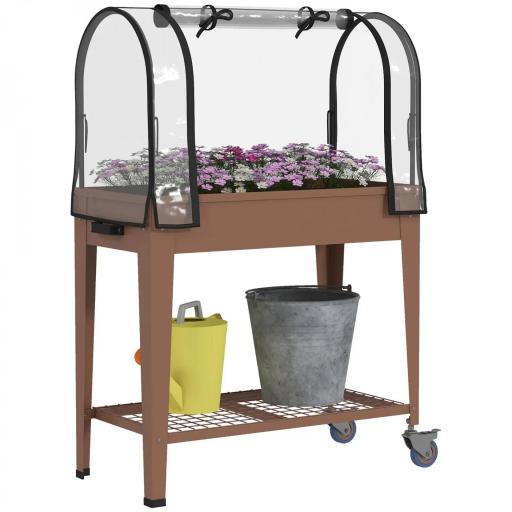 Huerto Urbano Elevado 80x40x120 cm con Cubierta de Invernadero y Estante Inferior para Cultivo Plantas Flores Marrón [9]