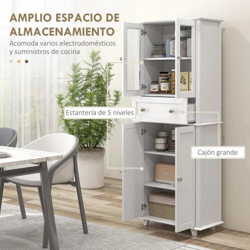 Alacena de Cocina Despensa Armario de Cocina con 2 Puertas de Vidrio Templado Cajón 61x35x168,5 cm Blanco [2]