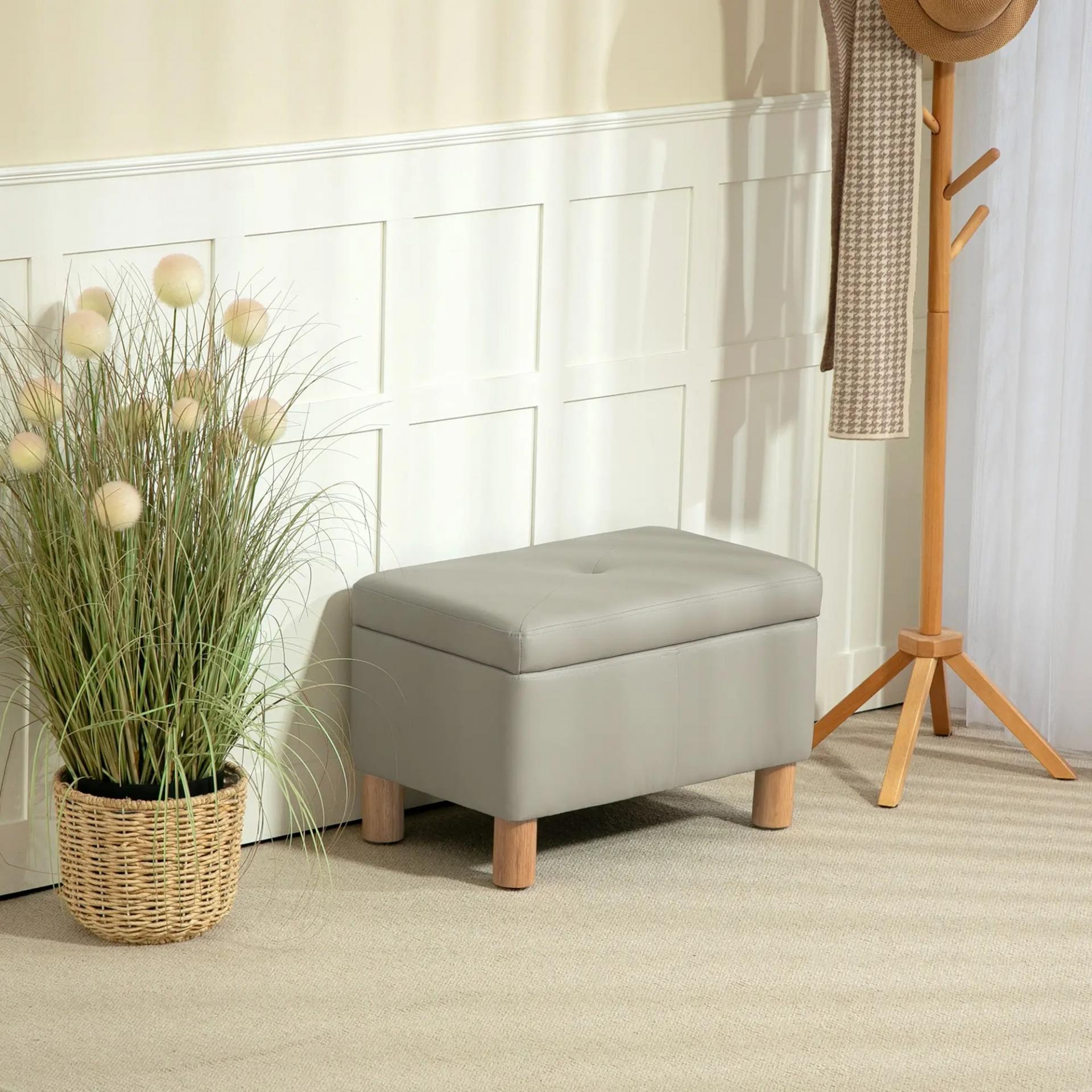 Baúl de Almacenaje para Dormitorio 33L Tapizado en PU Banco de Almacenaje con Patas de Madera 60x38x40 cm Gris Claro