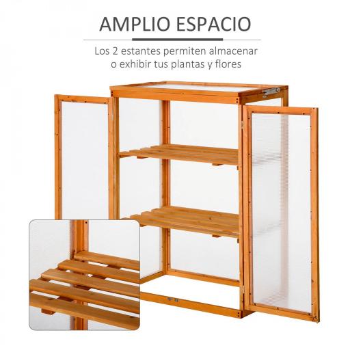 Invernadero de Jardín de Madera y Policarbonato Invernadero Vivero Casero con 3 Estantes 2 Puertas y Tapa Abatible para Cultivo de Plantas Terraza Patio 76x47x110 cm Natural [2]