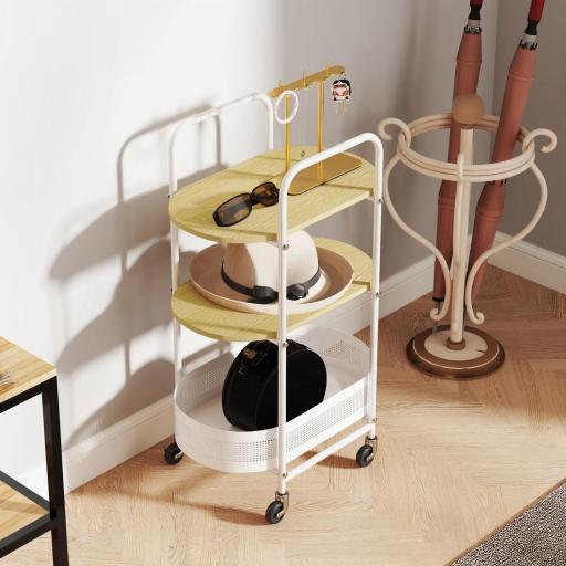 Carrito Auxiliar con Ruedas de 3 Niveles Carro de Almacenamiento con Cesta y Estantes 49,5x32,5x82,5 cm Blanco y Madera Natural [6]