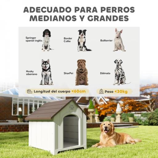 Caseta para Perros Exterior Casa para Perros Grandes de Plástico con 2 Ventanas Base Elevada Estacas Marrón Oscuro [5]