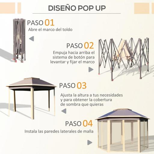 Cenador de Jardín Hexagonal 4,05x3,4x2,85 m con Doble Techo 6 Mosquiteras Desmontables Bolsa y Anti-UV Beige [3]