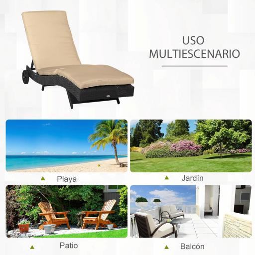Tumbona de Jardín en Forma de S con 2 Ruedas Respaldo Ajustable en 5 Posiciones y Cojín Extraíble 207x70x70 cm Negro [4]
