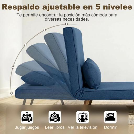 Sofá Cama Individual Plegable con Respaldo Ajustable 5 Posiciones Sillón Cama Tapizado con Cojín 72x75x85 cm Azul [3]