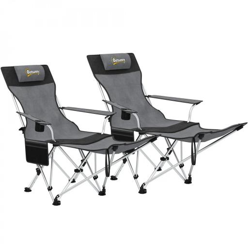 Conjunto de 2 Sillas Plegables Camping con Reposapiés Desmontable Reposacabezas Portavasos y Bolsa 125x48x90 cm Gris [8]