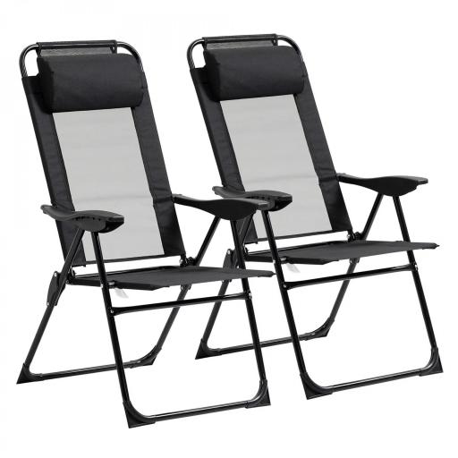 Conjunto de 2 Sillas de Camping Plegables con Reposacabezas Desmontable y Respaldo Reclinable 62x70x109 cm Negro [8]