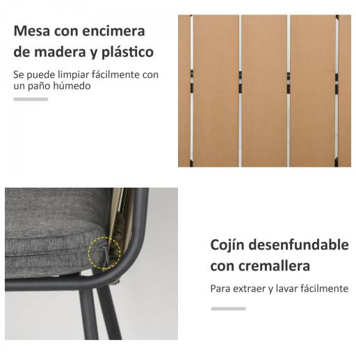 Conjunto de Muebles de Jardín Juego de 3 Piezas Muebles de Ratán 1 Mesa Redonda y 2 Sillas Butaca con Cojines Acolchados para Balcón Terraza Acero Caqui y Gris [3]