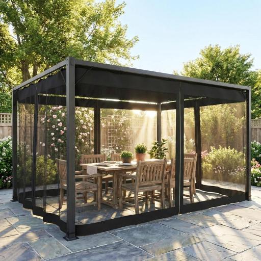 Pérgola de Jardín 3x4 m con Techo Retráctil 4 Laterales de Malla UPF30+ Cenador de Jardín para Patio Exterior Gris [2]