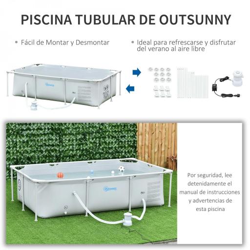 Piscina Desmontable Tubular 252x152x65 cm 2163L con Depuradora de Cartucho 1200L/H Piscina Rectangular de Exterior para Adultos y Niños Gris [5]