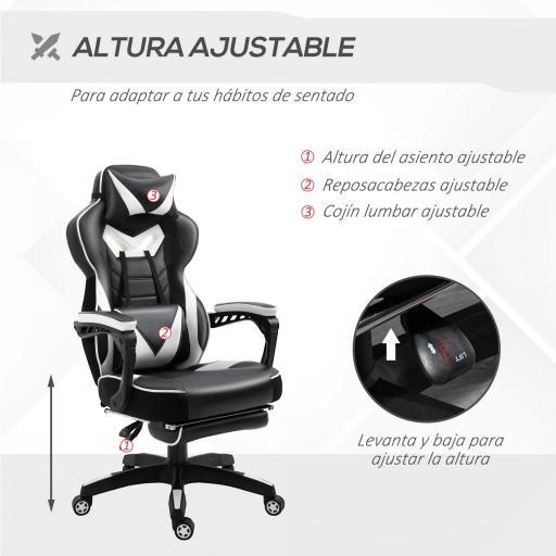 Silla Gaming Ergonómica Silla de Escritorio de Oficina Regulable en Altura Reclinable Respaldo con Reposapiés Reposacabezas Cojín Lumbar Ruedas 65x70x118,5-128,5 cm Blanco [5]